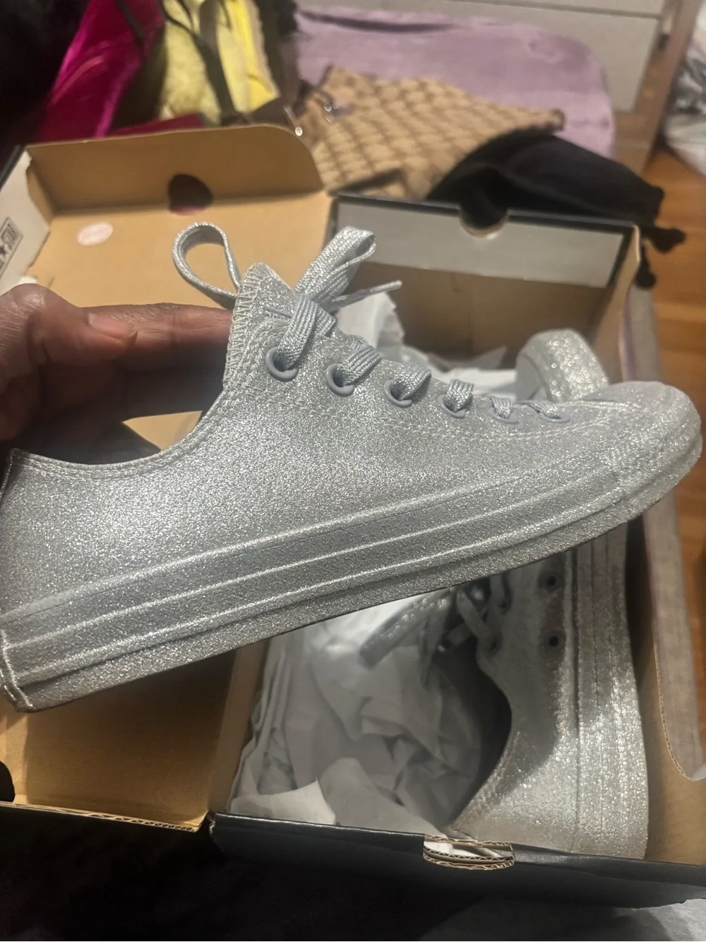 Converse Women's Silver Glitter Low-Top Sneakers - Picture 3 of 6